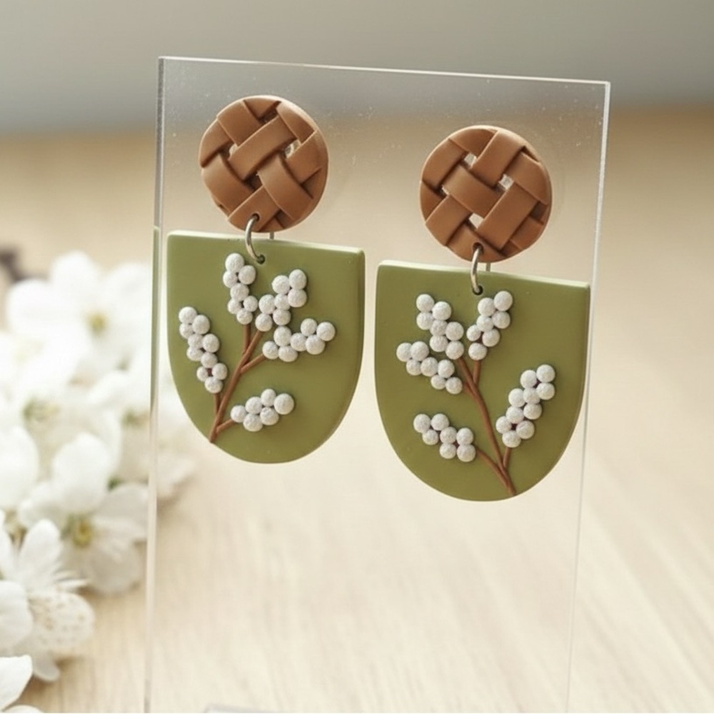 Botanical Floral Stud – Handmade Earrings - Woven Texture Detail